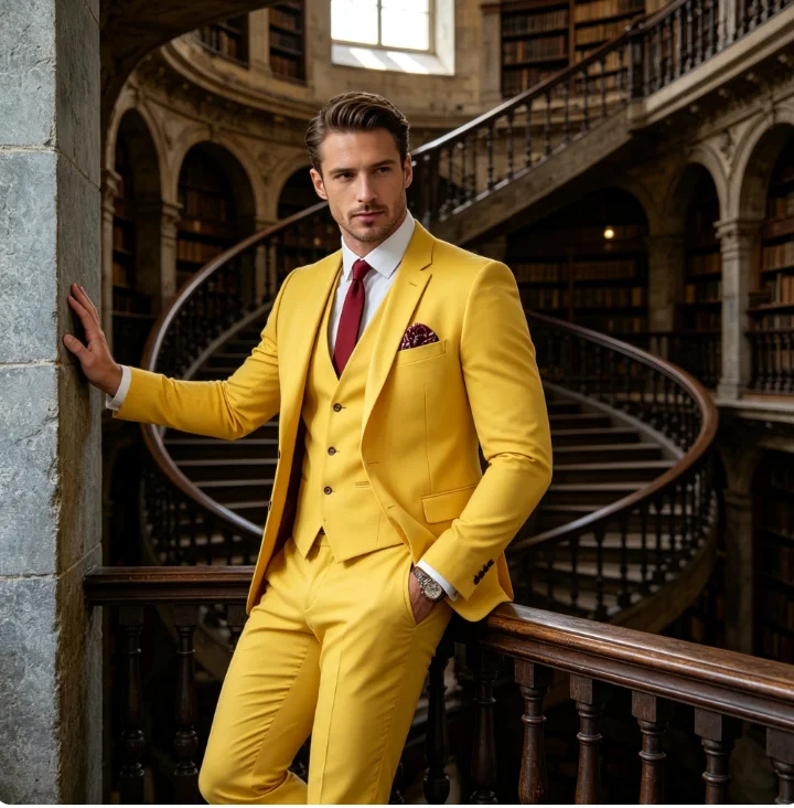 New Yellow Business Male Suit Groom Groomsman Wedding Party Prom Formal Occasion Men Tuxedos 3 Piece Set Blazer Vest Pants
