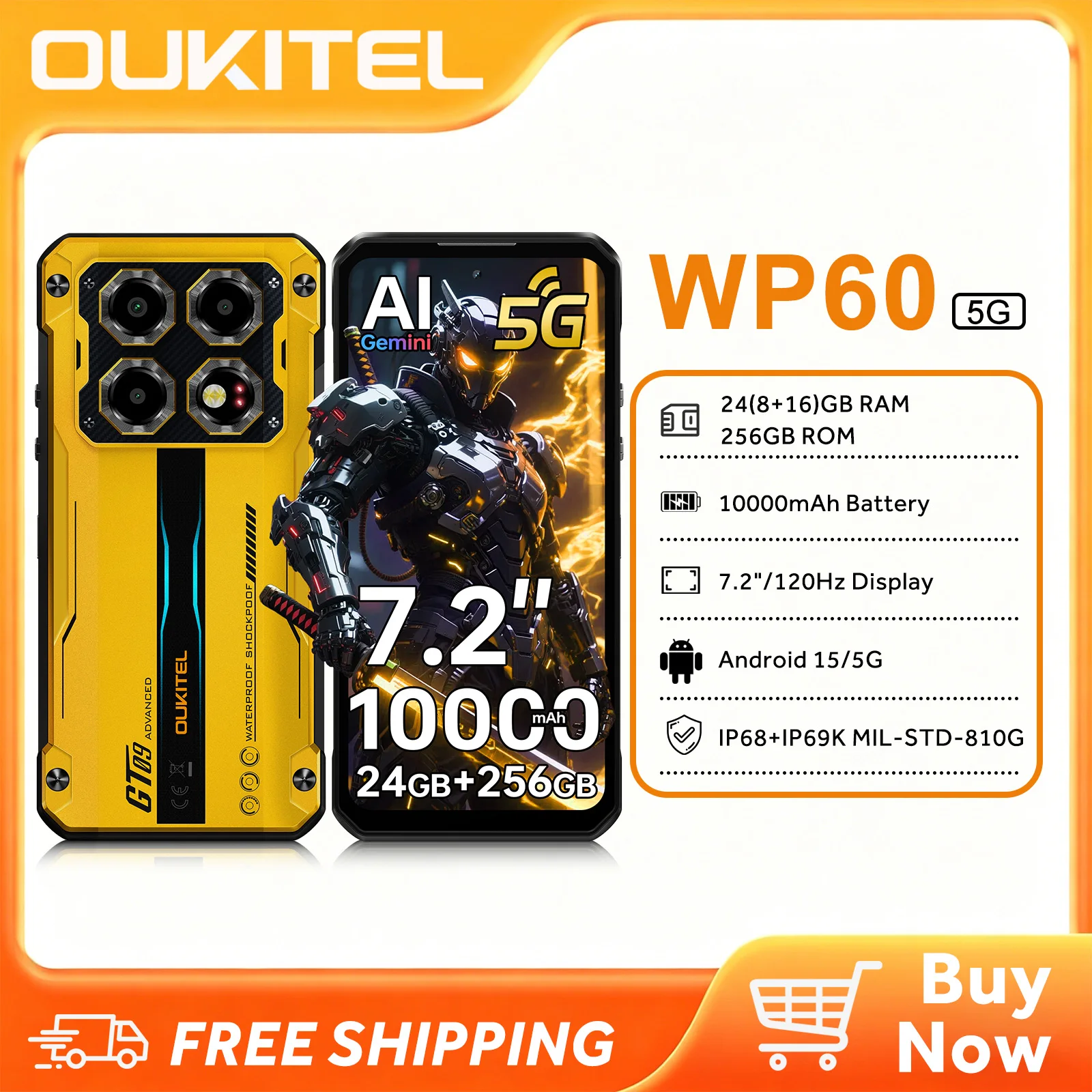 OUKITEL WP60 5G Rugged Phone Unlocked 7.2" Display, 10000mAh/33W Smartphone,24GB RAM+256GB ROM/TF 2TB,108MP Camera, IP68/IP69K