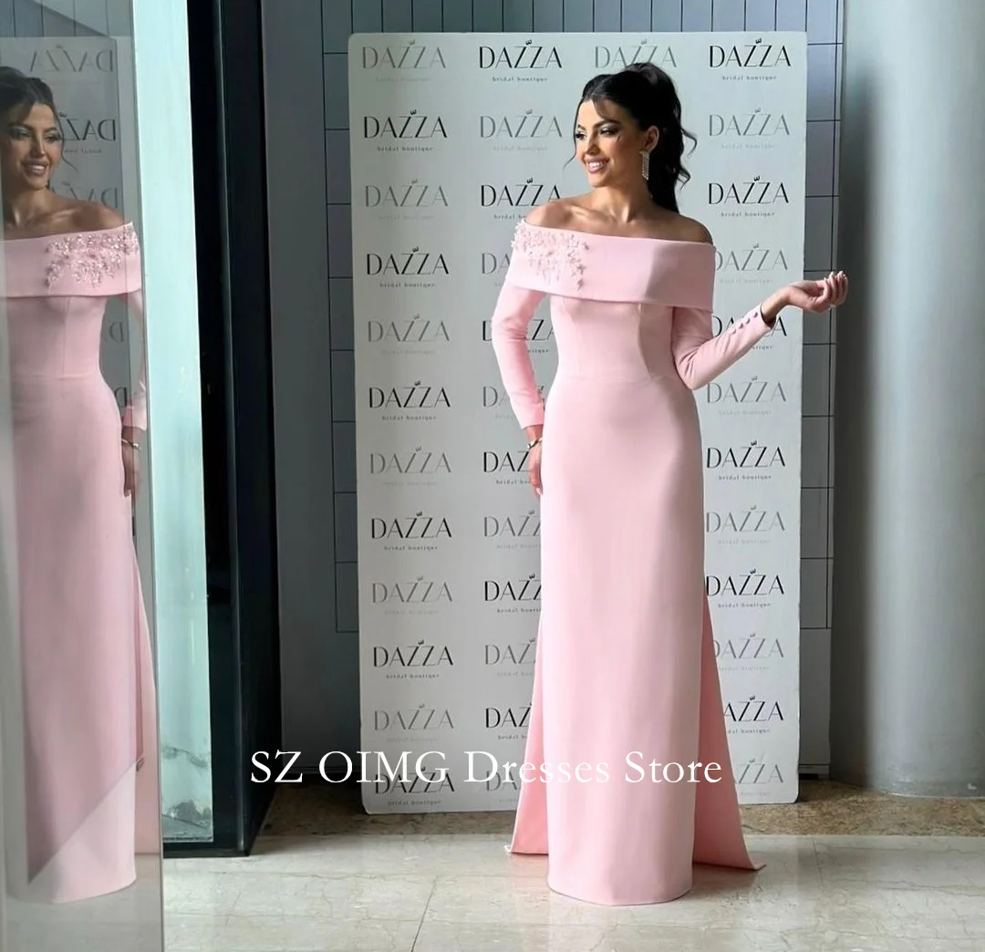 OIMG Dubai Mordern Style Off the Shoulder Prom Dresses Crepe Satin Pink  Dress Women Evening Gowns Formal Fitted Party Dress