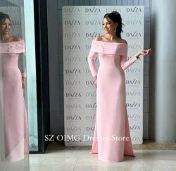 OIMG Dubai Mordern Style Off the Shoulder Prom Dresses Crepe Satin Pink  Dress Women Evening Gowns Formal Fitted Party Dress