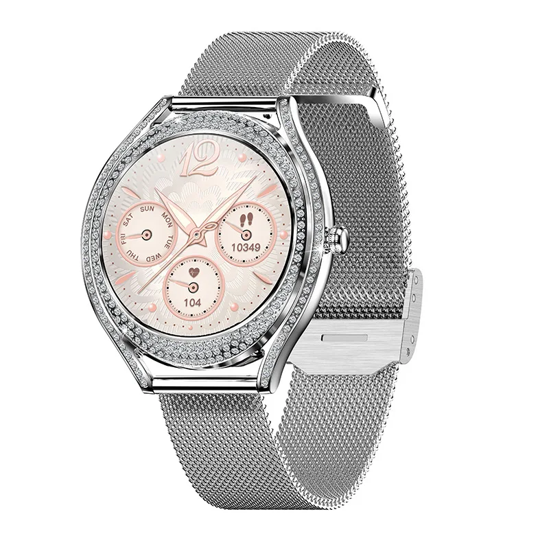 V66 ساعة ذكية للنساء موضة الماس 1.28 بوصة AMOLED HD شاشة بلوتوث دعوة مراقب معدل ضربات القلب سيدة رياضية Smartwatch