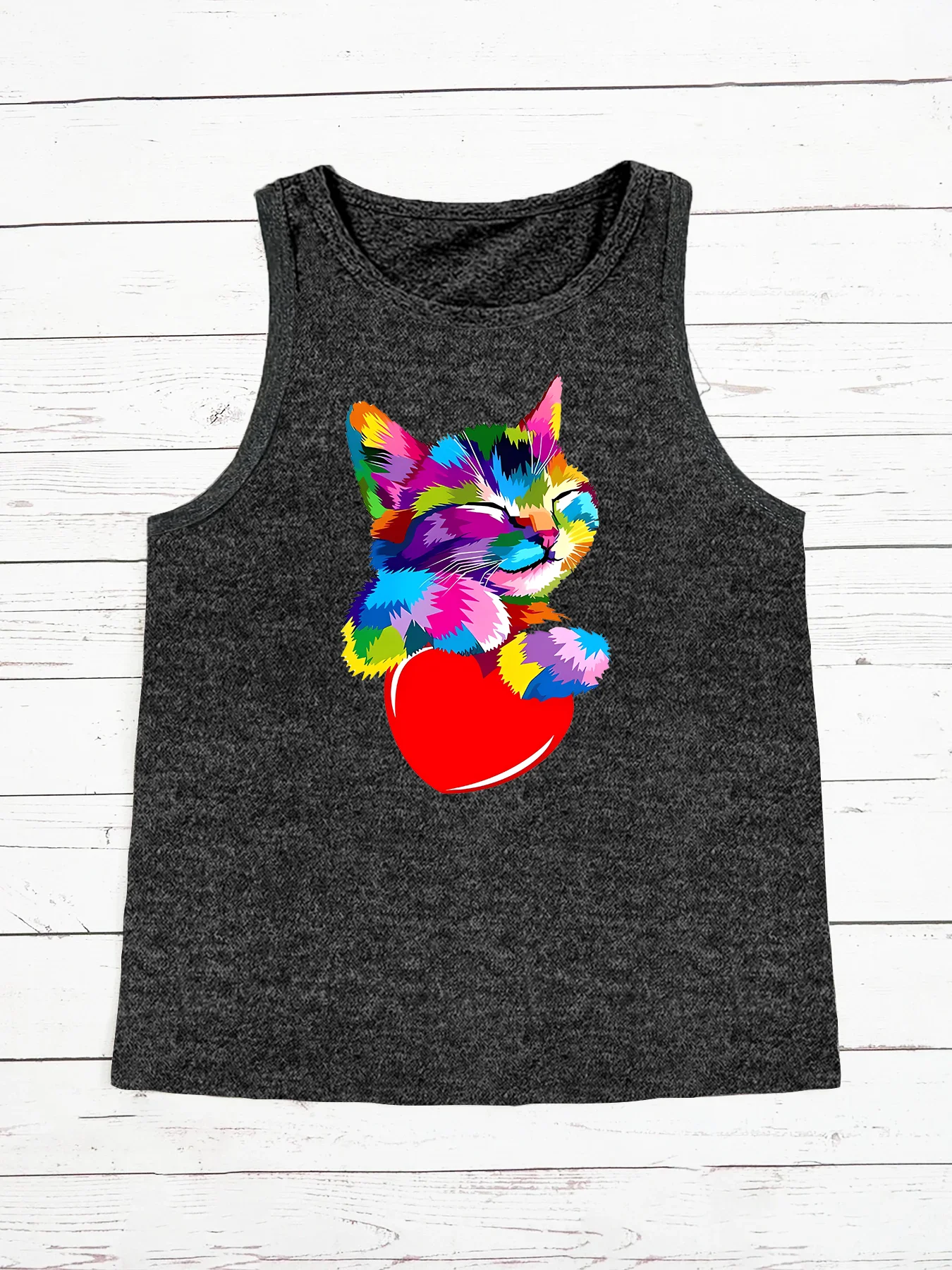 Amor feminino Colorido Gato Símbolo do Coração Regatas, Solto, Gola O, Sem Mangas, Casual, Esportivo Moda, Engraçado