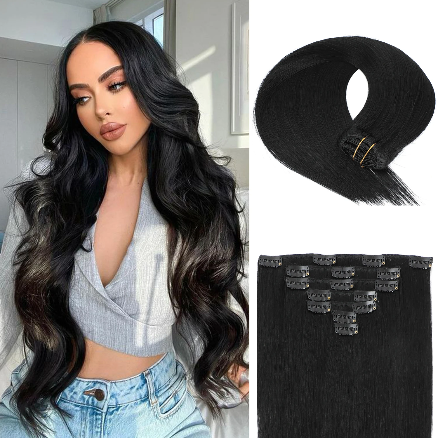 120g Clip-in Haar Extensions Echt Haar voor een Volledig Hoofd 7 Stuks Clip-in Extensions Voegt Volume en Lengte toe Recht Natuurlijk Remy Haar