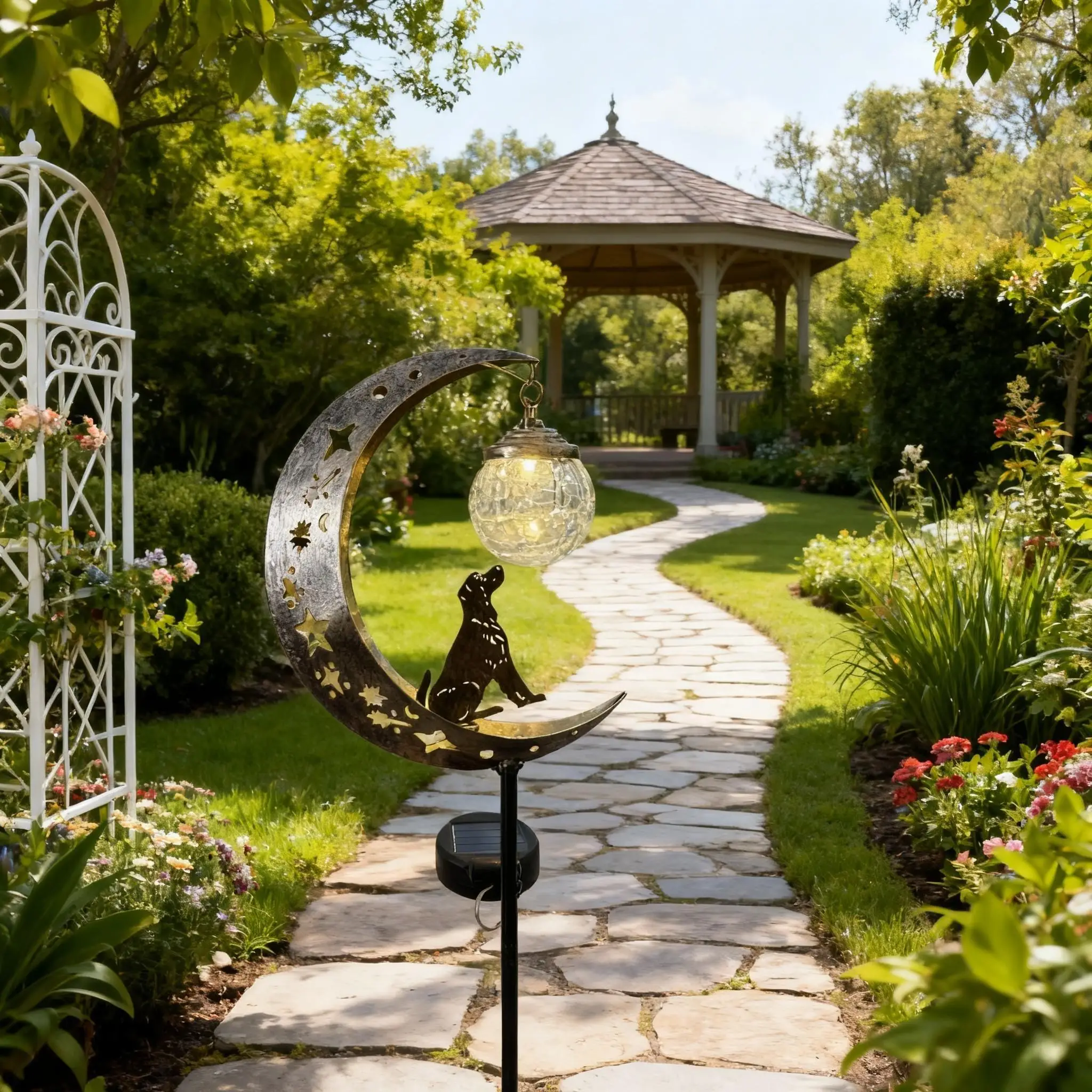 

Наземный светильник в форме луны на солнечной энергии, украшение для сада на открытом воздухе с украшениями в виде собаки и стеклянного шара, идея для праздничного подарка