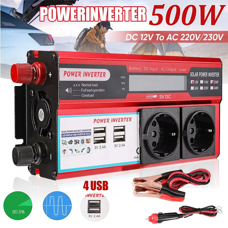 Przetwornica napięcia do samochodu, 500 W, 800 W, 12 V na 220 V, generująca czysty sygnał sinusoidalny, z 4 portami USB i wyświetlaczem napięcia, przeznaczona do użytku na zewnątrz.