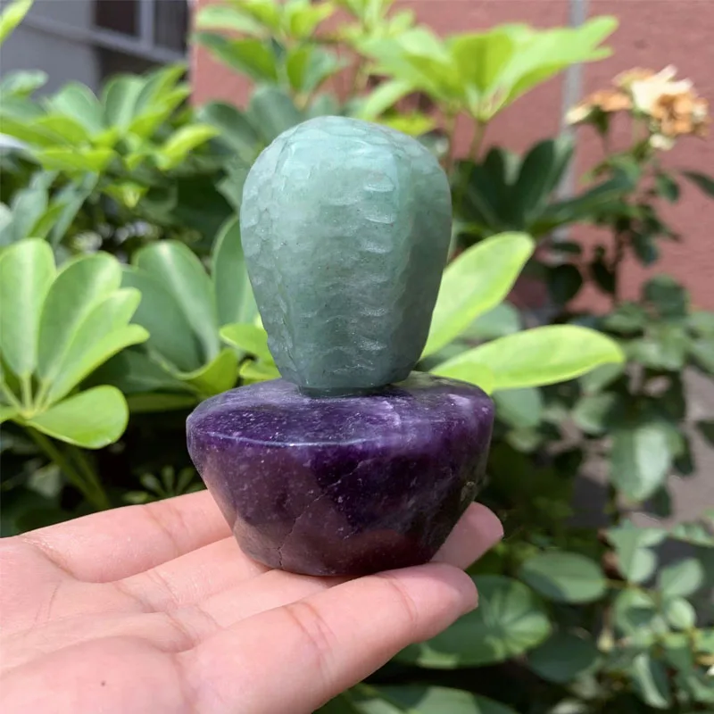 

Cute Small Green Aventurine Carved Cactus With Lepidolite Base Figurine Natural Crystal Quartz Potted Plant Sculpture Home Decor