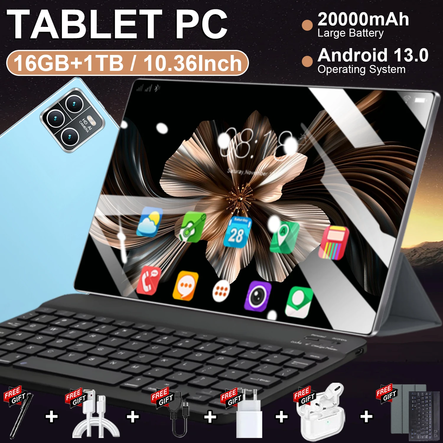 Nueva versión global, tableta inteligente de 10,36 pulgadas, Android 13, chip de 14 núcleos, funcionamiento fluido y rápido, configuración