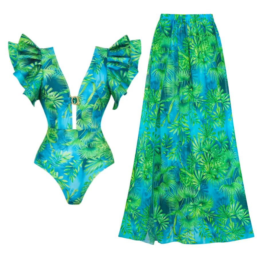 2024 Women Ruffled Jungle Green Print One Piece Swimsuit and Skirt Swimwear 2PC Summer Bathing Suit