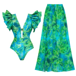 2024 Women Ruffled Jungle Green Print One Piece Swimsuit and Skirt  Swimwear 2PC Summer  Bathing Suit