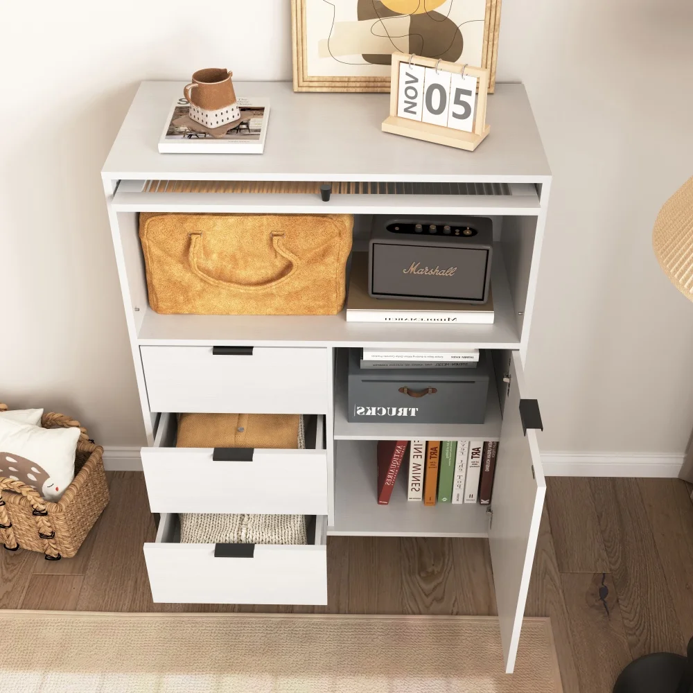 Buffet moderne en bois - Bahut multifonction avec 3 tiroirs, 1 porte en bois et 1 porte en verre pour cuisine et salle à manger, en aggloméré, 85x40x120 cm, blanc