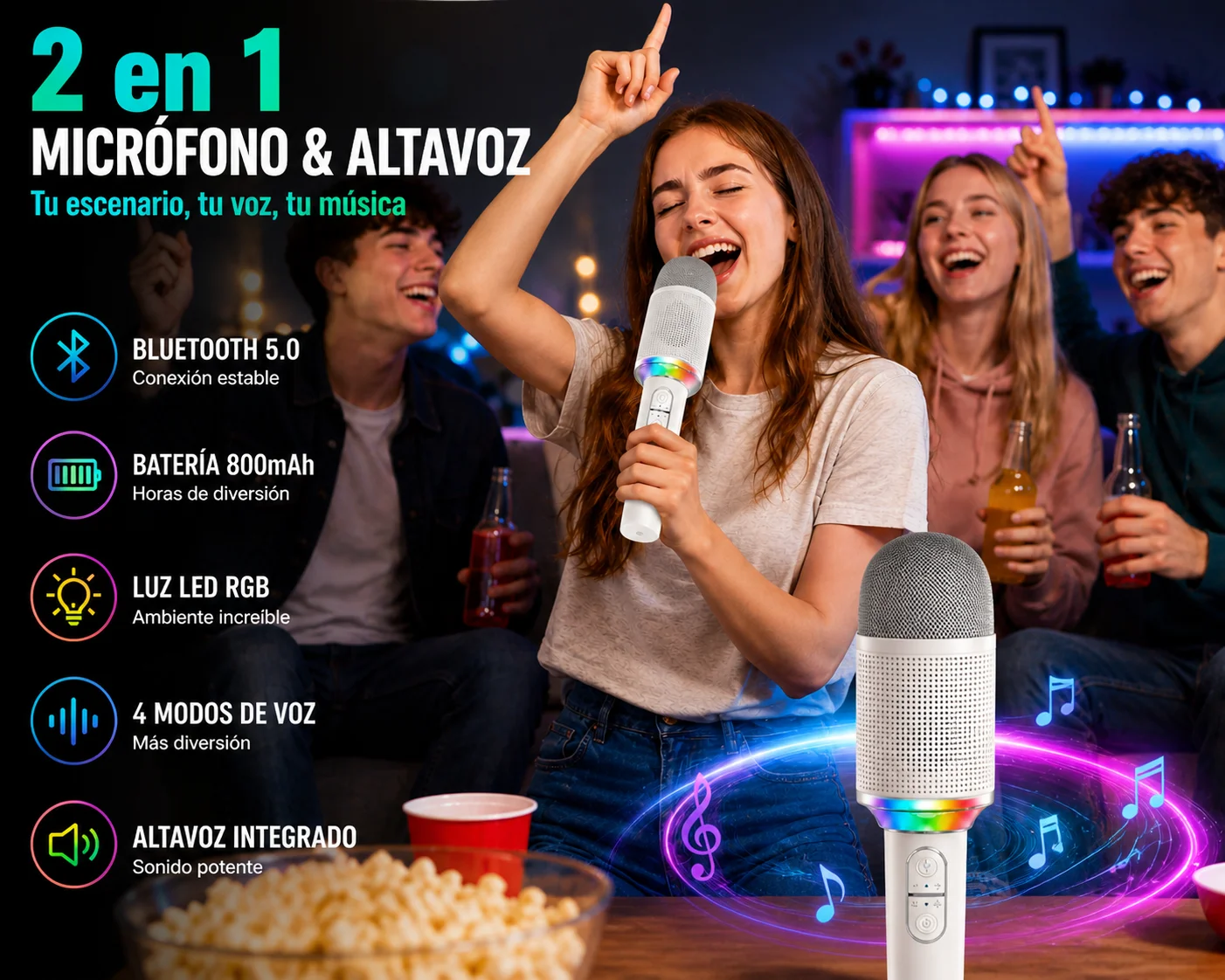 Micrófono Karaoke Bluetooth 2 en 1 con Altavoz, Luz LED RGB, 4 Cambios de Voz, Portátil Recargable 800mAh