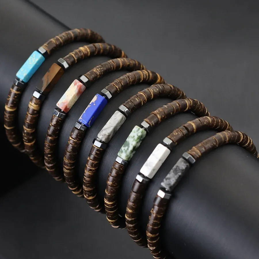 Nouveau Bracelet en coquille de noix de coco naturelle pour hommes, yeux de tigre de qualité supérieure, pierres précieuses Flash noires, Bracelet perlé extensible, braslet en bois de Yoga