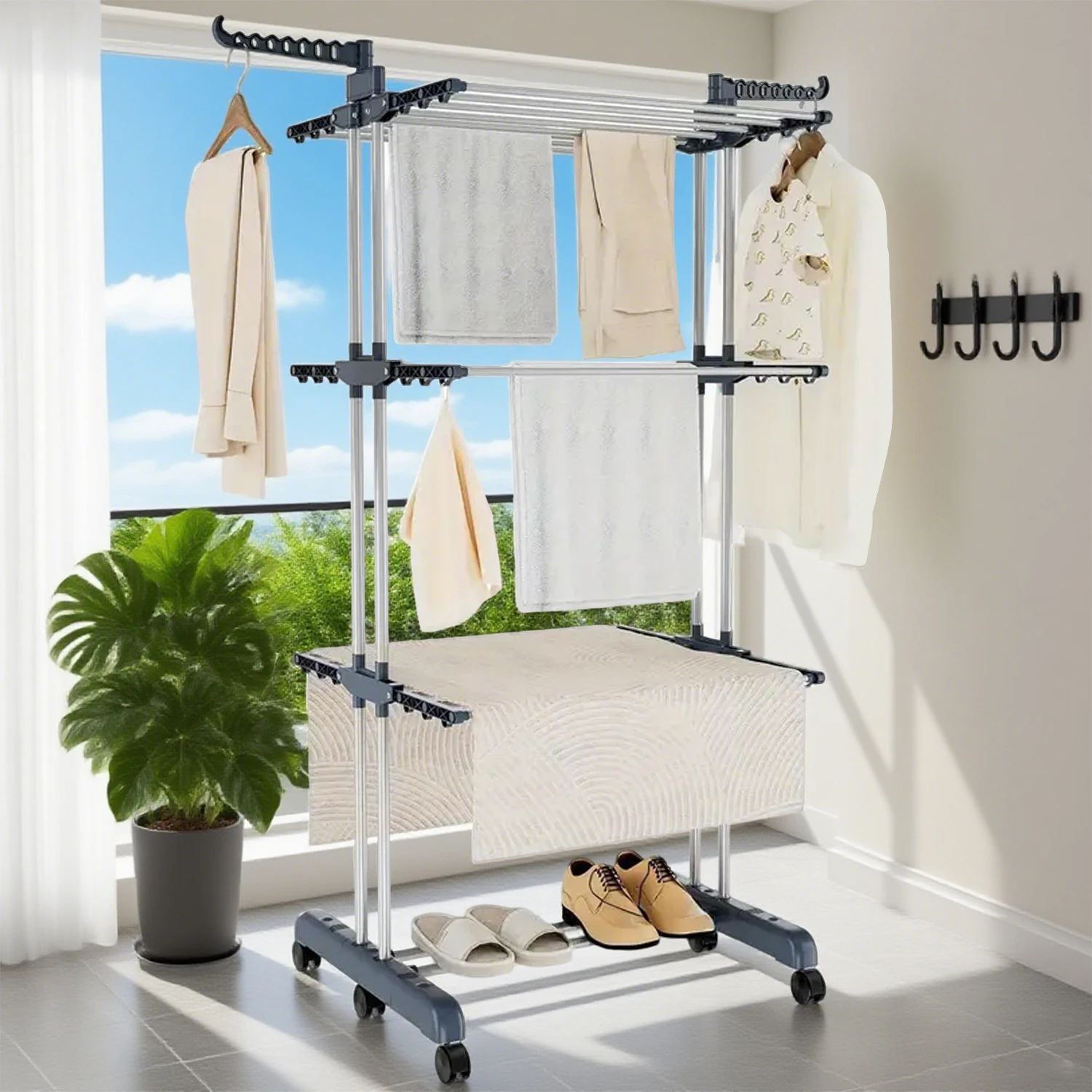 Support de séchage de vêtements pliant d'intérieur et d'extérieur, cintre à linge roulant réglable à 3 niveaux avec aile pliable