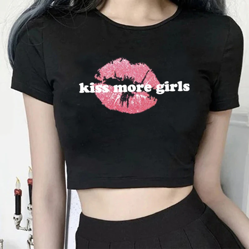 Kiss More Girls Y2k Fashion Crop Tops Streetwear Women T-Shirt Short Sleeve Funny Letter Print Baby Tees 2000s Slim Emo Girl Tee