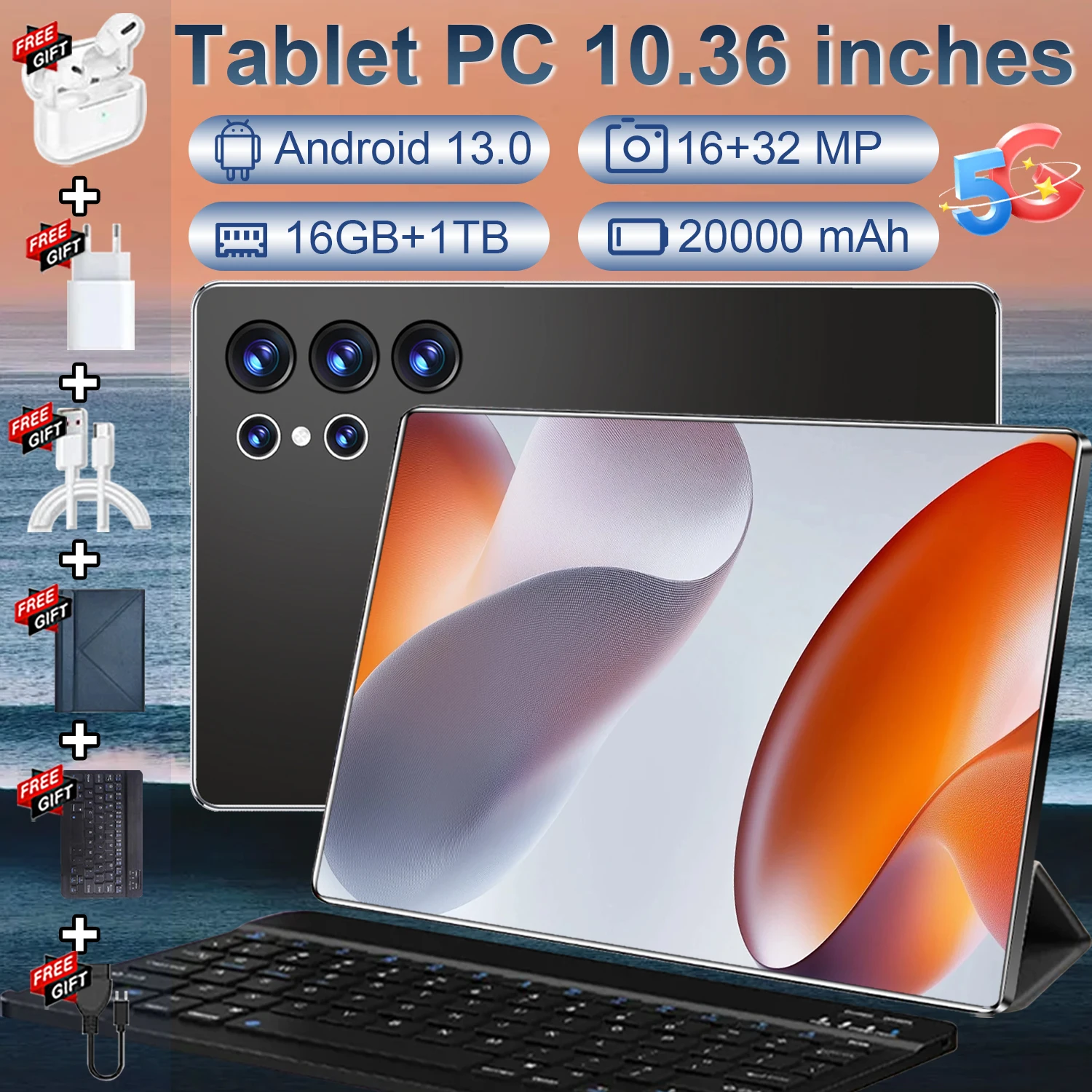 Tablet 2026 All-Premium Scenario de 10.36 Pulgadas 4K HD, CPU de 14 Núcleos de Alto Rendimiento, Potente Chip para Juegos Sno Dragon 8 Gen2, Firmware Android 13 Global Universal, 16GB + 1TB de Almacenamiento Abundante, Batería de Gran Capacidad mAh, Red 5G