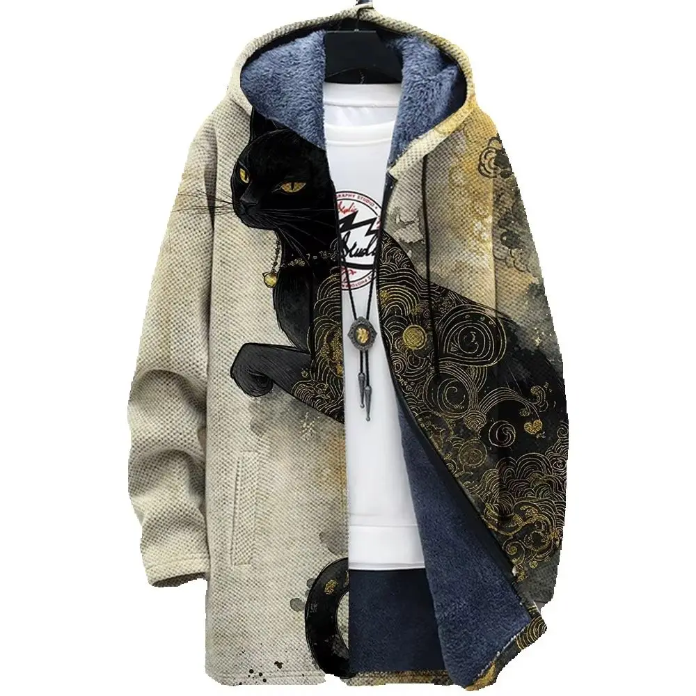 Men'S Animal Graphic Winter Cat Coat Print Pattern Knitted Sweater Cardigan Zipper Hooded With Thick Fleece For Youth