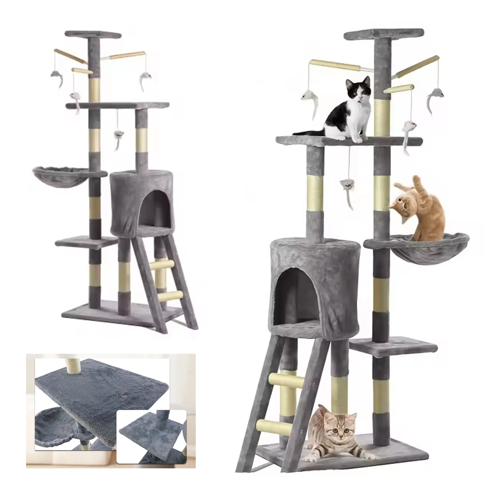 Mehrstöckiger Katzenbaum, großes Katzenhaus mit Leiter, Hängematte, Liegeplatz, Kratzbaum, interaktivem Maus-Spielzeug, 140 cm hoch, Katzenmöbel für mehrere Katzen, Sisal-Kratzfläche