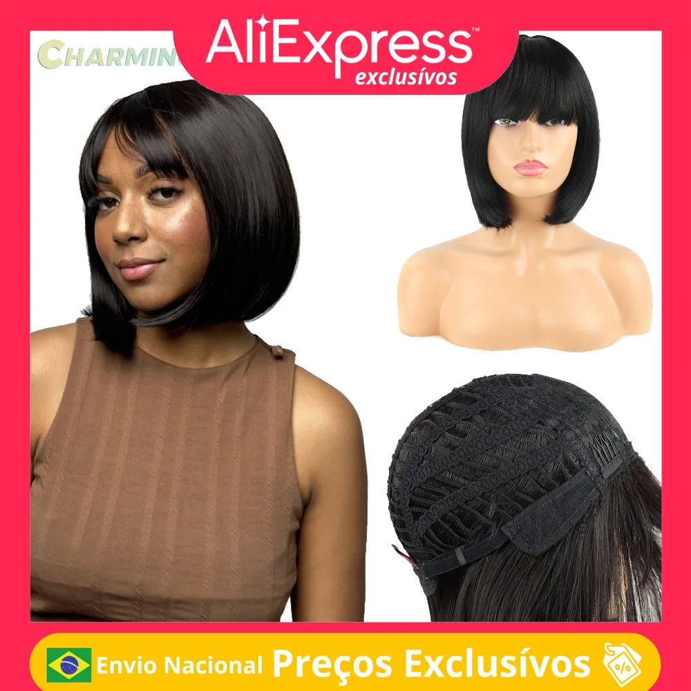 Peruca Liso Cabelo Wig Fibra Orgânica Premium Feminina Natural Cabelo Liso Corte Full Machine Made 35cm 155g CORAL