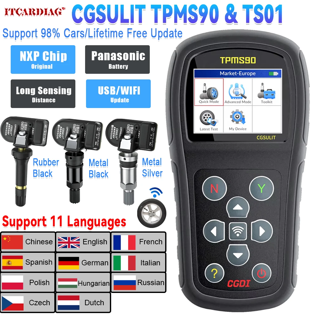 

CGDI CGSULIT TPMS90 & TS01 Sensors 315MHz/433MHz Car Tire Pressure Activation Programming Tool Fits 98% Vehicle Wifi/USB Update