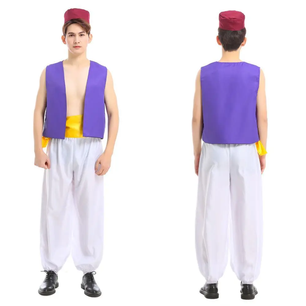 علاء الدين زي الرجال الأمير العربي تأثيري الملابس للكبار أعلى السراويل قبعة ملابس هالوين كرنفال مرحلة الأداء البدلة