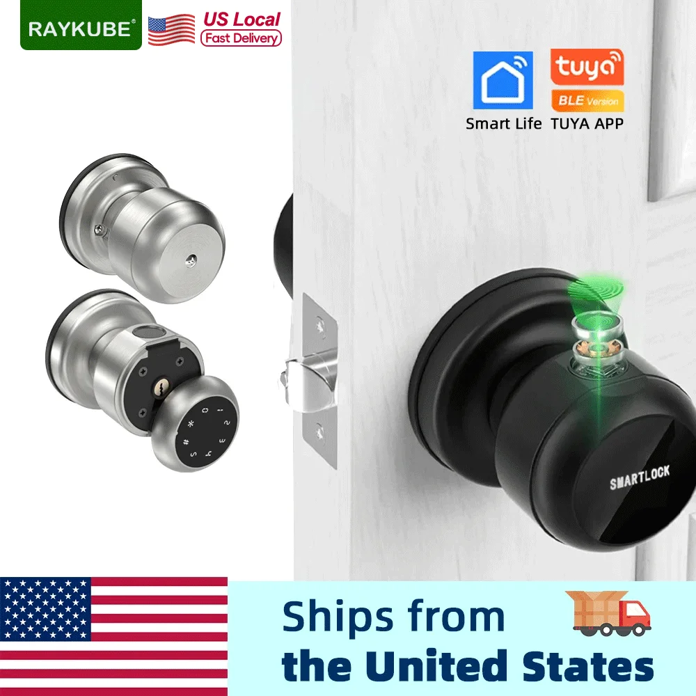 RAYKUBE K02 Round Knob Fingerprint Smart Lock Tuya Bluetooth Biometric With Key/Password/Tuya APP Unlock Delivery From USA