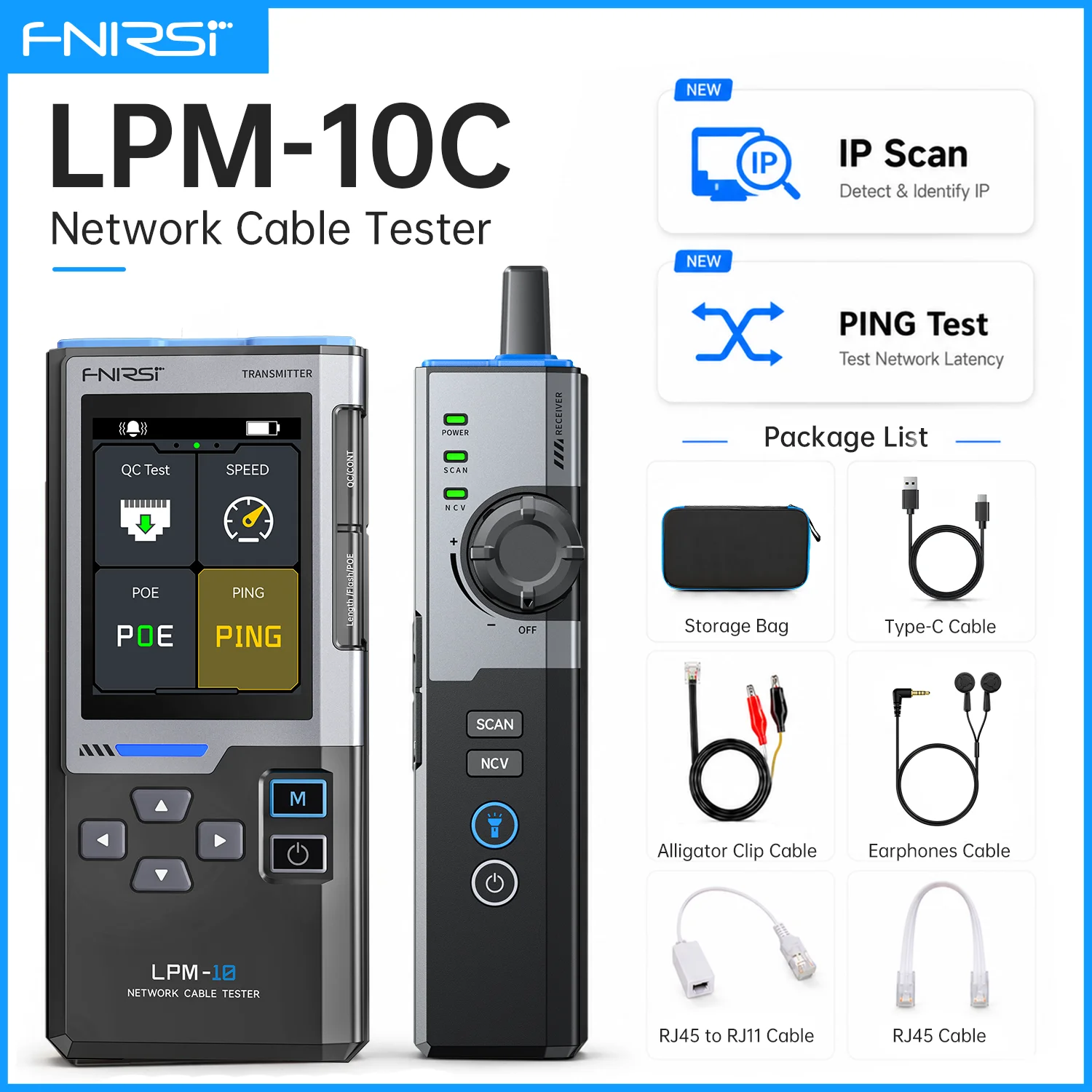 FNIRSI LPM-10C Network Cable Tester RJ45 RJ11 PING IP Scanner PoE Detection Latency Finder Tool for Ethernet Troubleshooting Kit