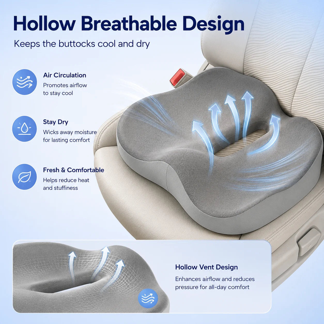 Ergonomic Memory Foam Cushion: A memory foam cushion that provides comfort and effective support for the hips, ideal for gaming, office work, and driving