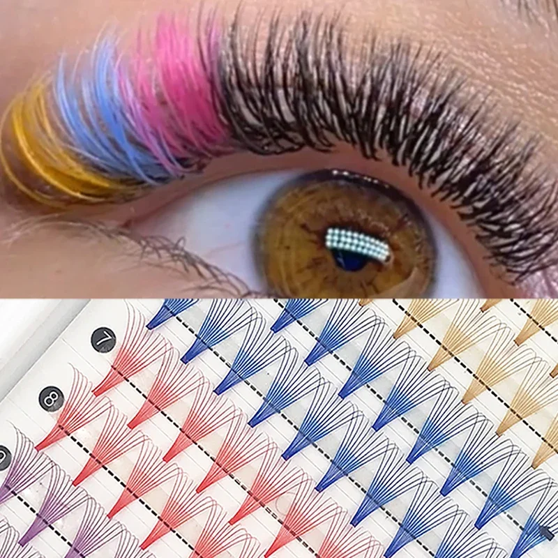 Mitte des Sommers Tag farbige vorgefertigte russische Volumen Fans Wimpern verlängerung 10d Mix Gold blau braun einzelne Wimpern Cluster