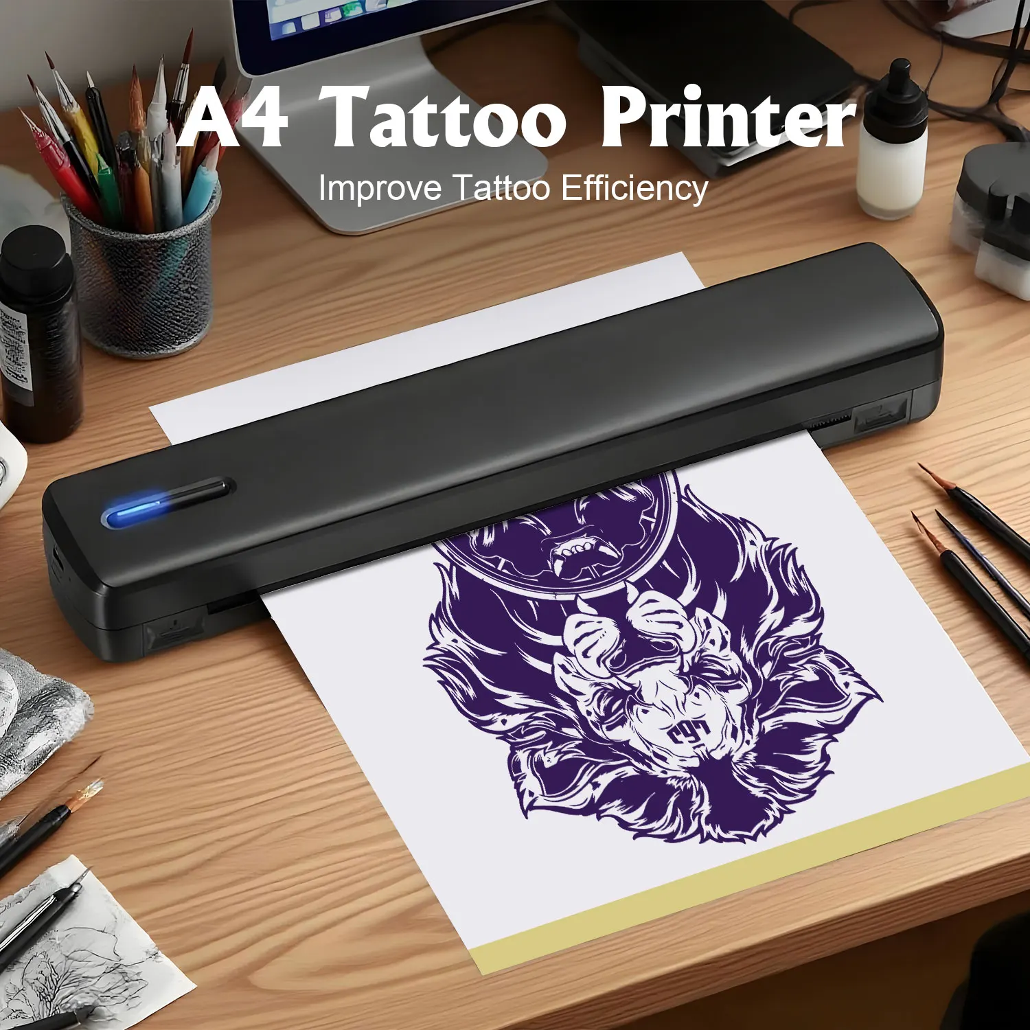 

Portable A4 thermal printer, tattoo template printer, 1500mAh rechargeable battery, wireless connectivity and APP connectivity.