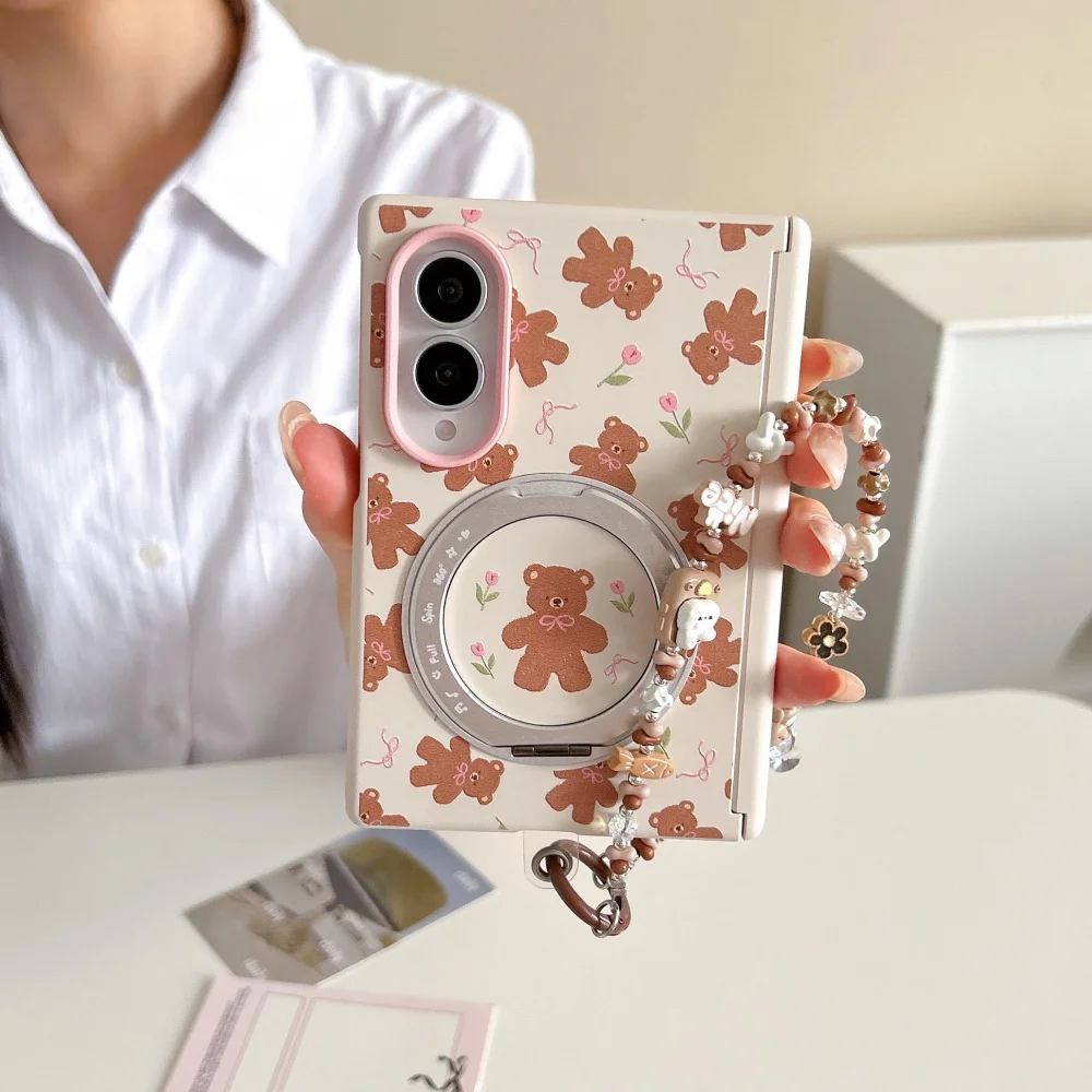 Korean INS Cute Bear Flower Pattern Folding Phone Case For Samsung Galaxy Z Fold 8 With 360° Magnetic Stand Kawaii Anti-fall Set