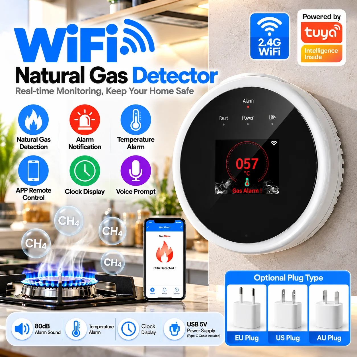 Wifi Natural Gas Sensor Combustible Household Smart LPG Gas Alarm Detector Leakage Sensor Work With tuya Smart APP