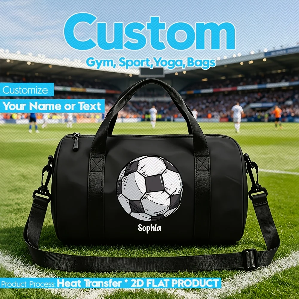 Custom Name Nylon Shoulder Bag, Gym Dance Sports Bag - Personalized Soccer Ball Graphic with Heat Transfer Text