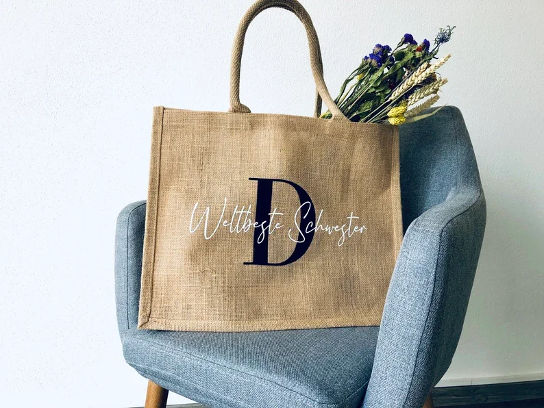 Sac en Jute avec Initiales Personnalisé, Cadeau de Demoiselle d'Honneur, d'Anniversaire, de ixdes Mères, de Shopping