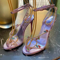 Colorful Crystal Luxury Heels Sandals Patent Leather Women Purple Cross Strap Trending Sandals Ladies Party Evening Summer Shoes