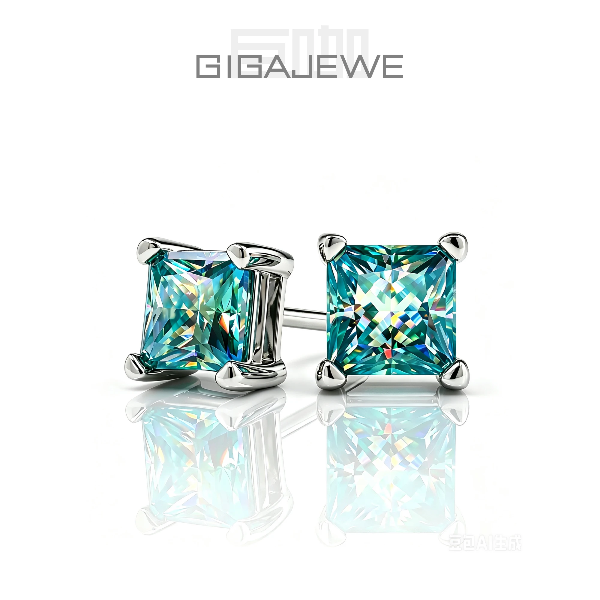GIGAJEWE Princess Cut Moissanite Stud Earrings 5mm 0.8ct Cyan Color 925 Sterling Silver 18K Gold Plated Jewelry for Women