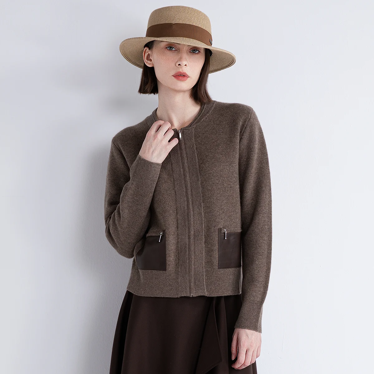 TY852080 Luxury Women’s Wool Cashmere LP Cardigan Premium 70% Wool 30% Sheepskin Pockets Elegant Jacket