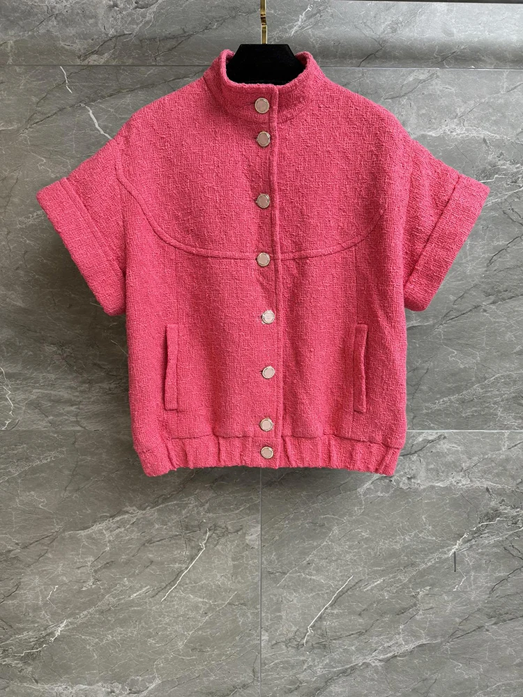 

Весенне-летняя новинка: модная женская куртка-пальто из чистого хлопка с воротником-стойкой, короткими рукавами и однорядной застежкой, розовая.