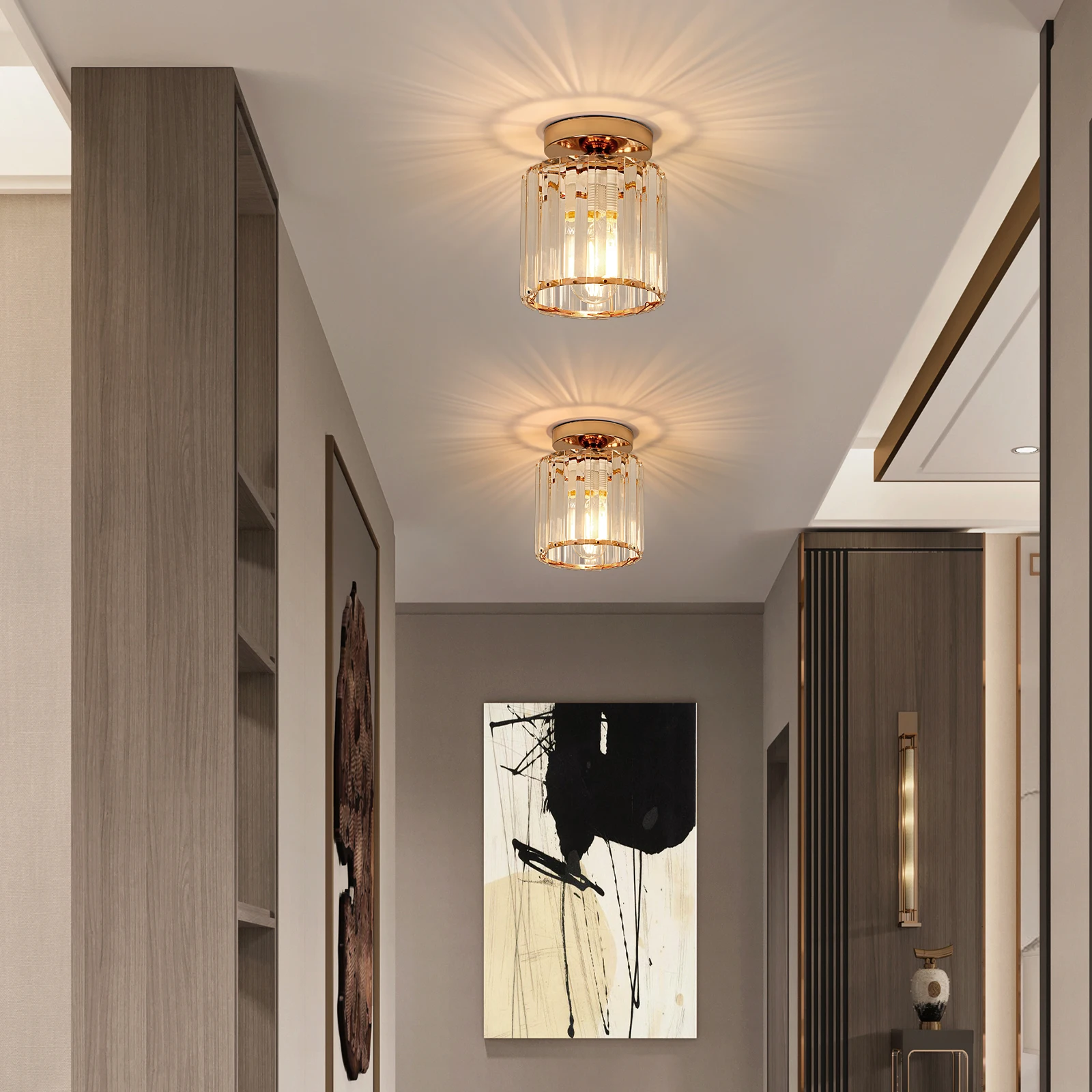 مصباح سقف كريستالي، ذهبي، تركيبات إضاءة سقف مثبتة على السطح من الكروم لمقبس لمبة الردهة E27 (اللمبة غير متضمنة) #6