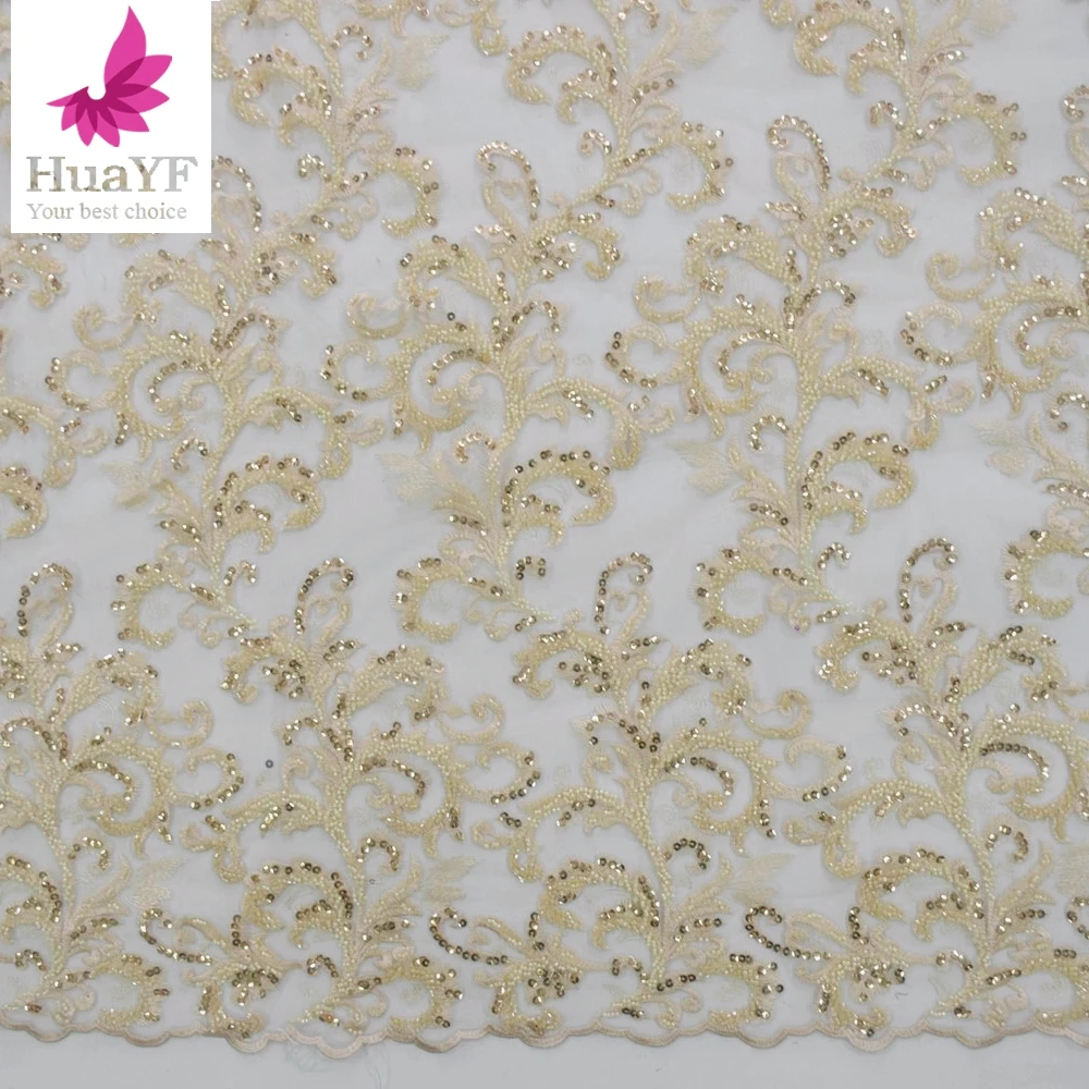 

French Tulle Lace Beads With Sequins And Pearls Mix Embroidery Fabric For Party Dress HY1747