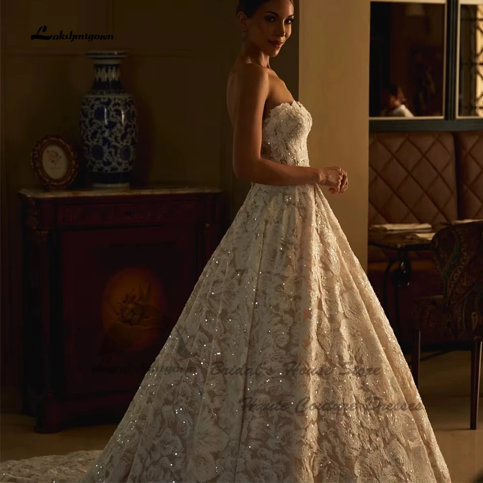 Lakshmigown Luxuriöse Spitzen-Boho-Hochzeitskleider Schulterfrei 2026 Funkelnde Kirchen-Champagner-Strand-Brautkleider Vestidos Novia – Detail 5