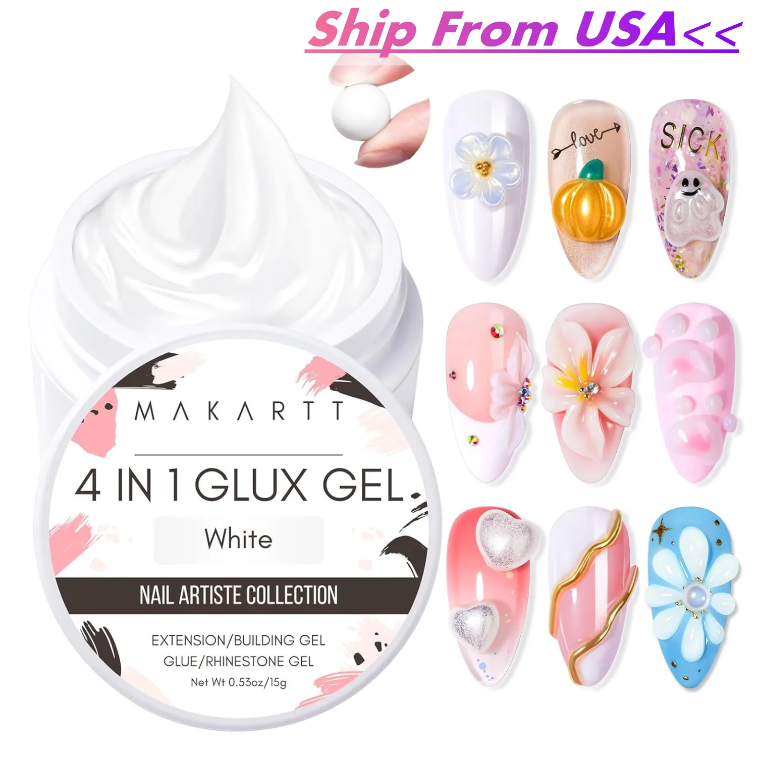 

Makartt Solid Builder Nail Gel, 15ML 4-in-1 White Non-sticky for Extension 3D Sculpting Nail, UV Glue for Acrylic Tips
