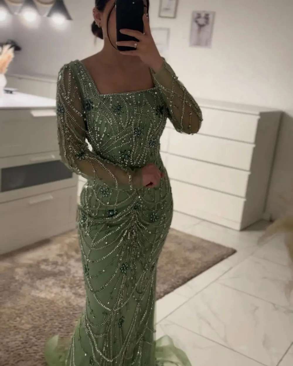 Luxury Green Mermaid Evening Dress for Women 2024 Crystal Beads Arabic Long Sleeves Formal Prom Wedding Party Gown Customized