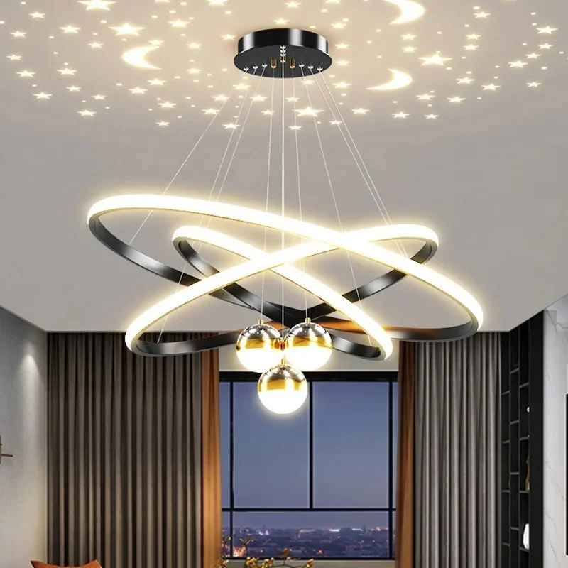 Moderne woonkamer ringkroonluchter met maansterren Creatief zwart/gouden ringcirkel LED-kroonluchterlicht voor slaapkamer eetkamer - afbeelding 2