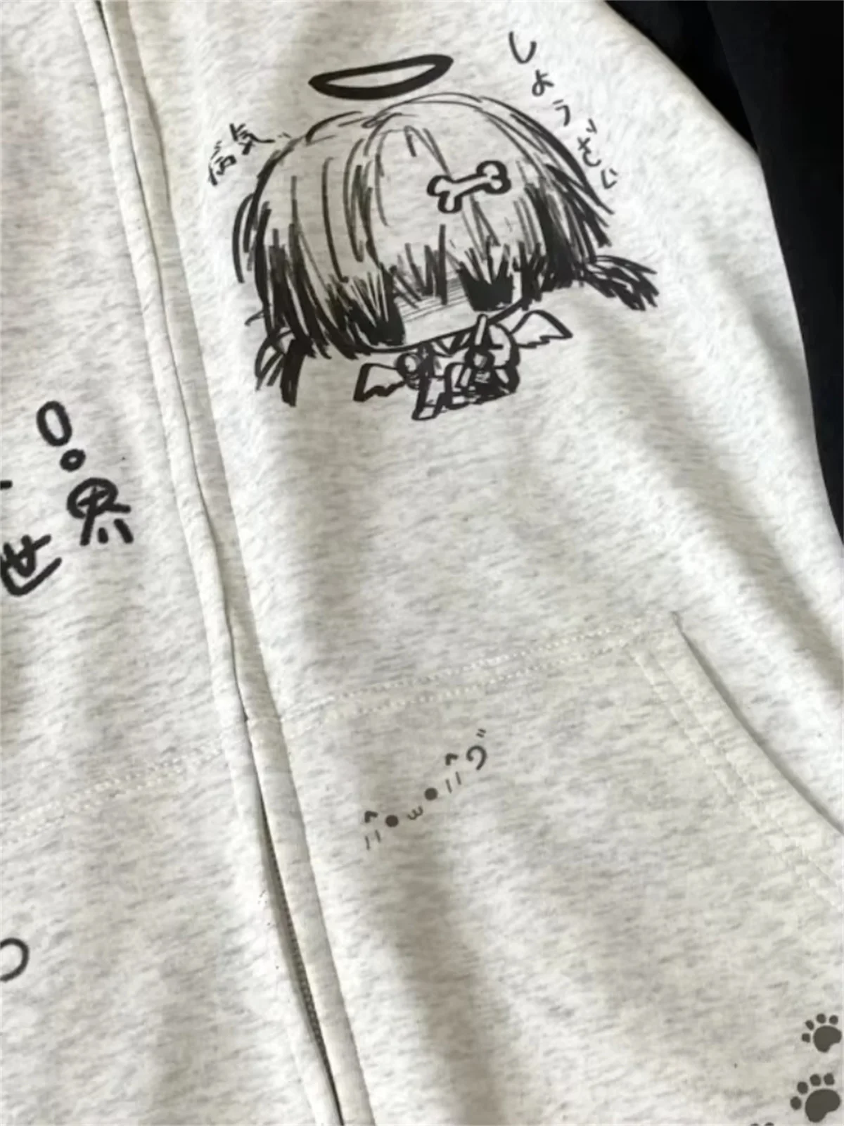 Japanische Kontrastfarben-Kapuzenoberteile für Damen, Y2k-Ästhetik, Cartoon-Print, Grunge-Hoodie, lässiger Reißverschluss-Sweatshirt, Harajuku-Streetwear – Detail 6