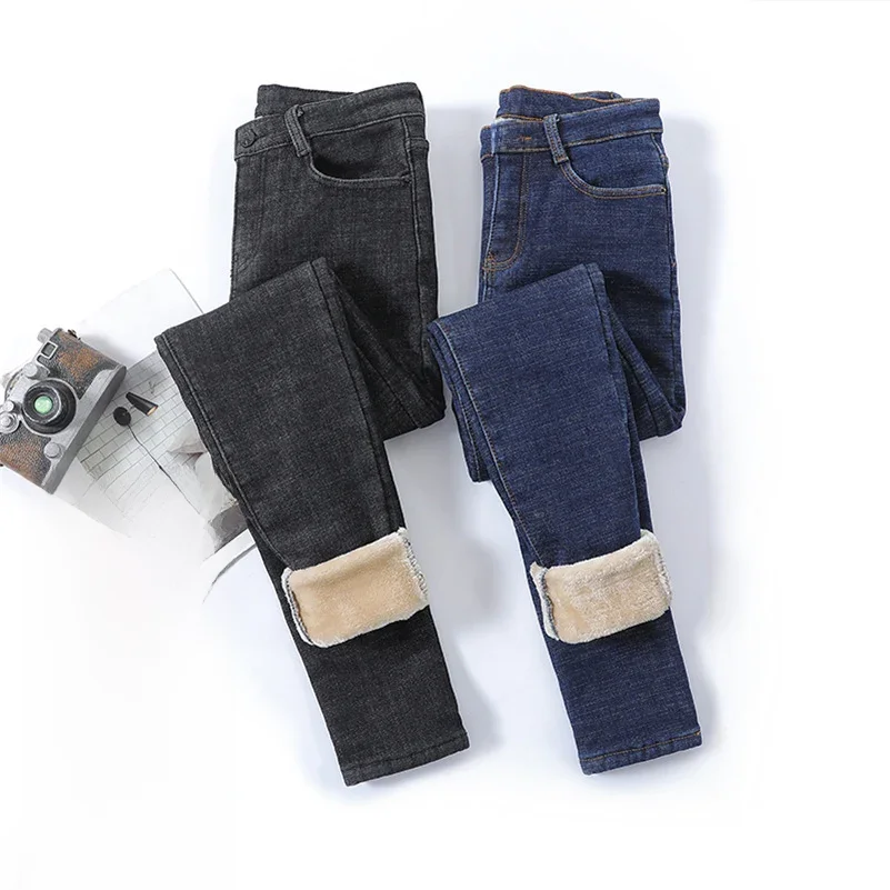 Kobiety Thermal Jeans Girls Winter Snow Warm Plush Stretch Jeans Lady Skinny Thicken Denim Pants Plus Fleece Mom Slim Fit Trousers — zdjęcie 2