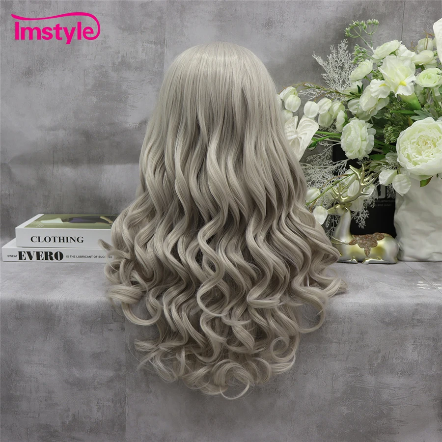 Imstyle Grey Wig Synthetic Lace Front Wig Long Wavy Wigs For Women Heat Resistant Fiber Natural Hairline Cosplay Wigs