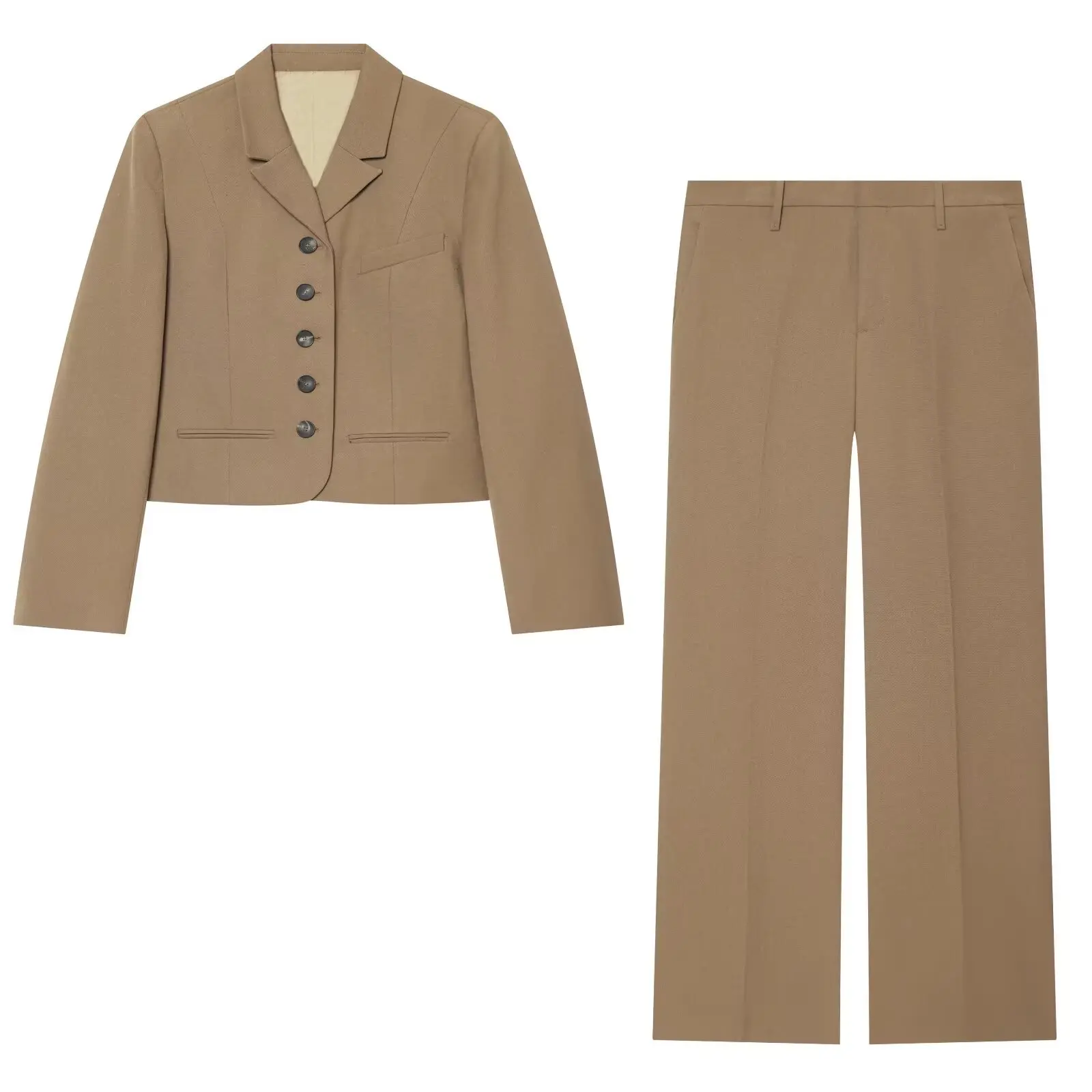 Womens Khaki Cropped Blazer 2 Piece Set Multi Button Lapel Jacket Tailored Straight Pants Elegant Old Money Business Matching