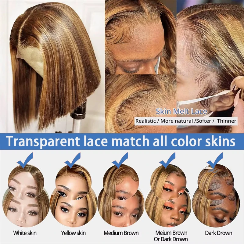 Highlight Bone Straight Bob Wig Brazilian Human Hair 13x4 Lace Front Wig Transparent Lace Frontal Wig 180 Density Brown Blonde