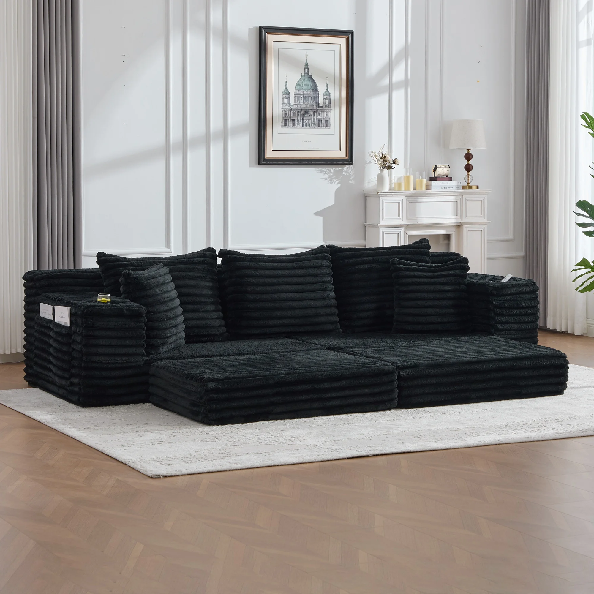 Sofá modular convertible, respaldo de piel, bolsillos, portavasos, terciopelo acanalado negro, para sala de estar.