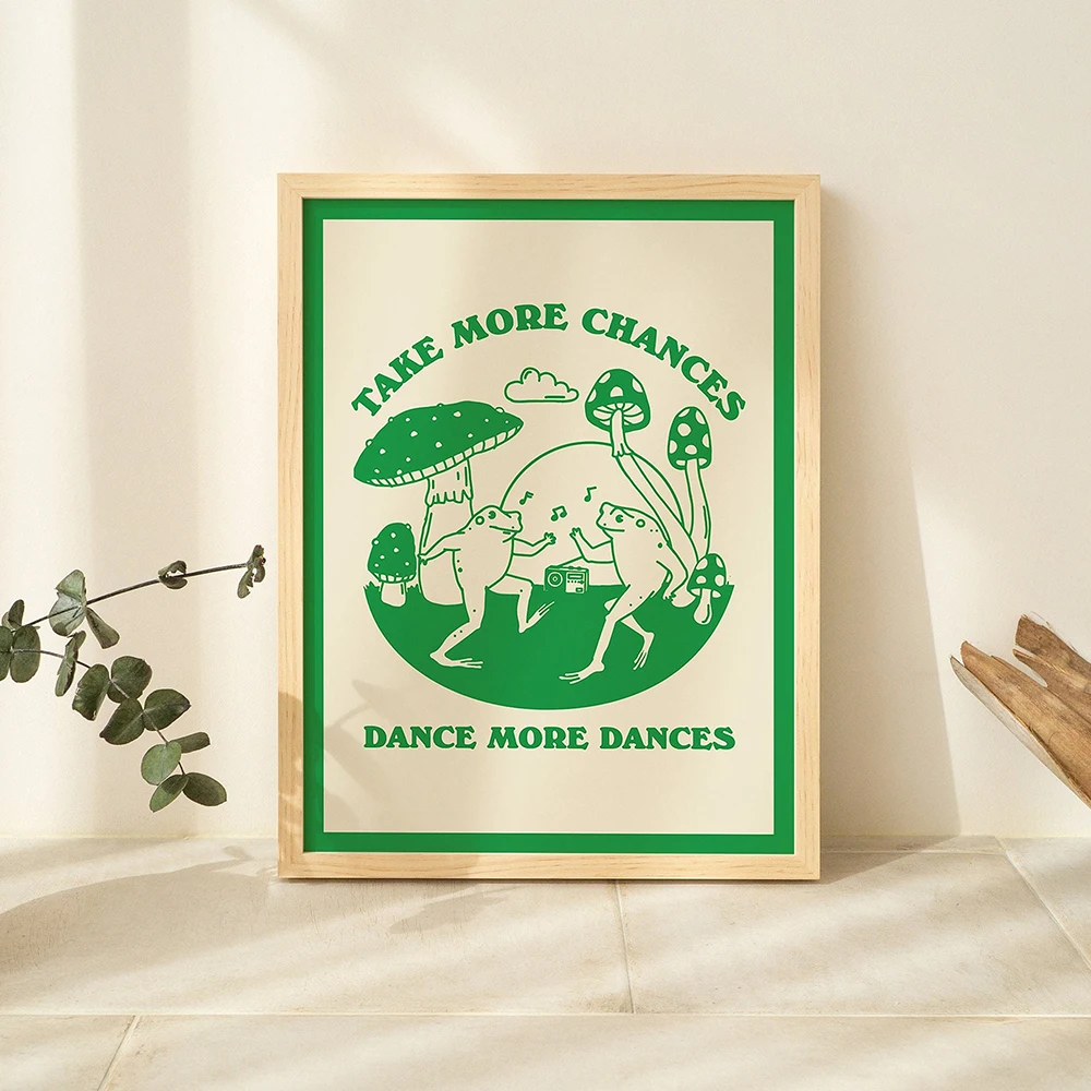 Take More Chances Emerald Green Funny Poster Retro 70s Groovy Hippie Ball Dancing Frogs Canvas Painting Wall Art Pictures Decor